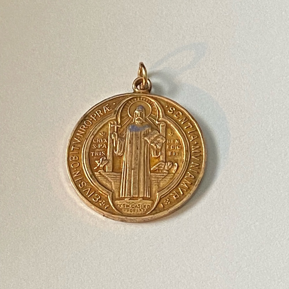 Saint Benedict Gold Tone Vintage Religious Medal Pendant